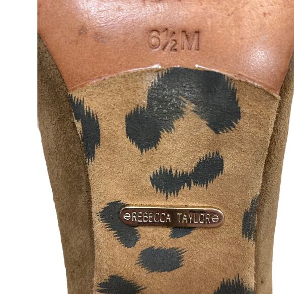 Rebecca Taylor suede ankle booties tan leather high heel, laser cut leopard cuff - Picture 7 of 10